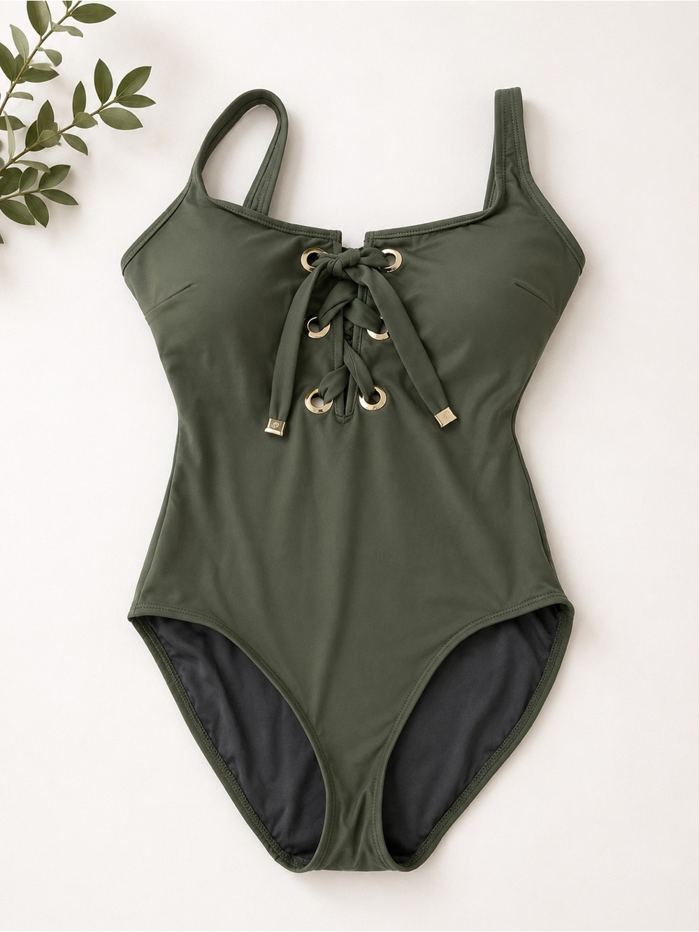 Michael Kors Olive Green Lace-Up One-Piece Swimsuit